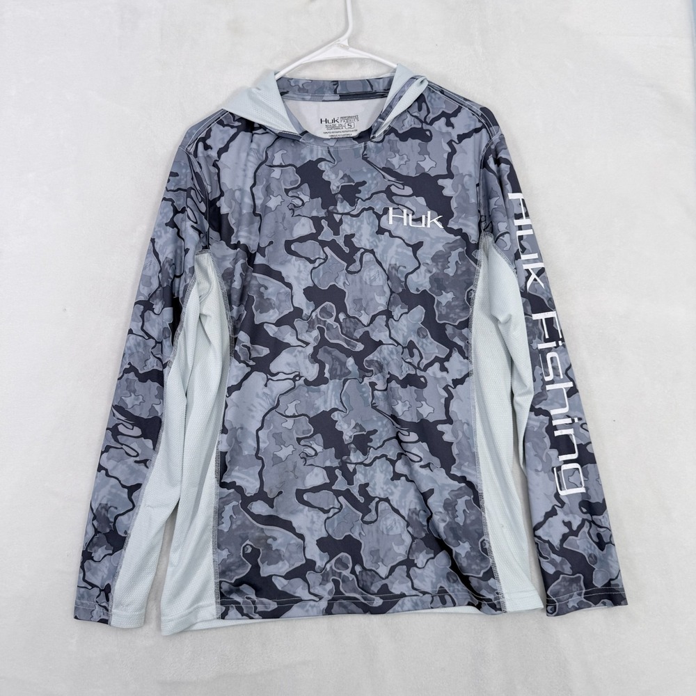 Huk Fishing T Shirt Mens S Blue Camo Performance Stretch Outdoor Hooded